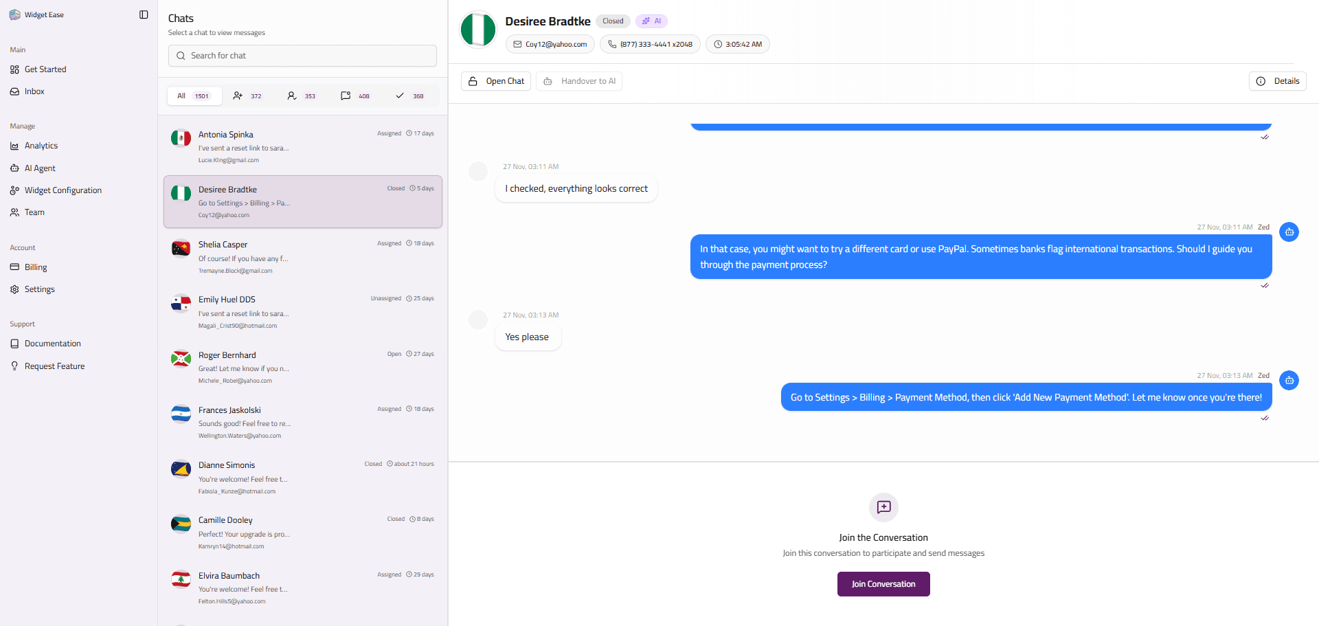 Widget Ease dashboard showing real-time customer conversations and analytics